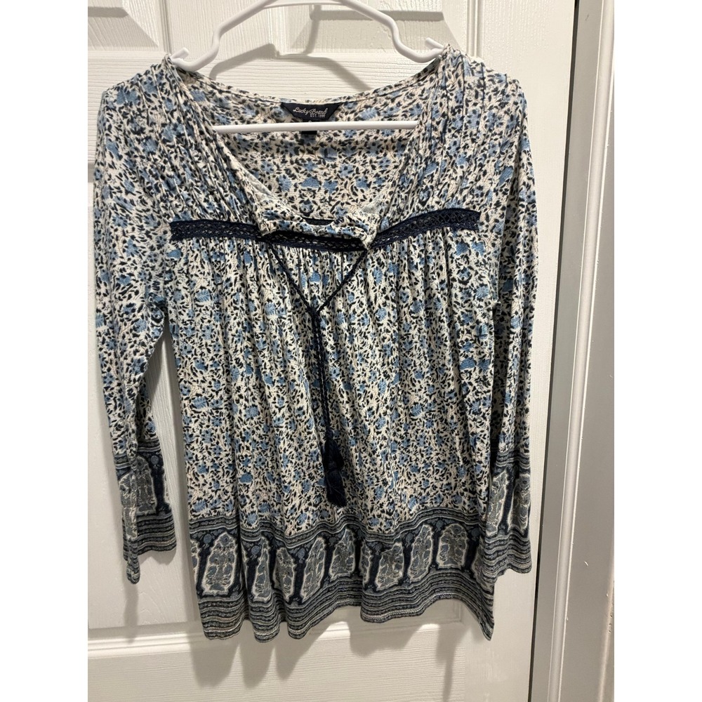 Lucky Brand Blue Floral Paisley Tassel Peasant Top Small Boho Crochet Trim - Picture 2 of 4